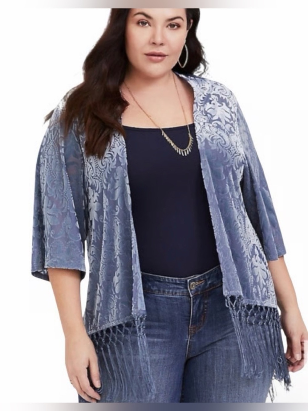 Torrid Greyish Blue Velvet Burnout Fringe Cardigan